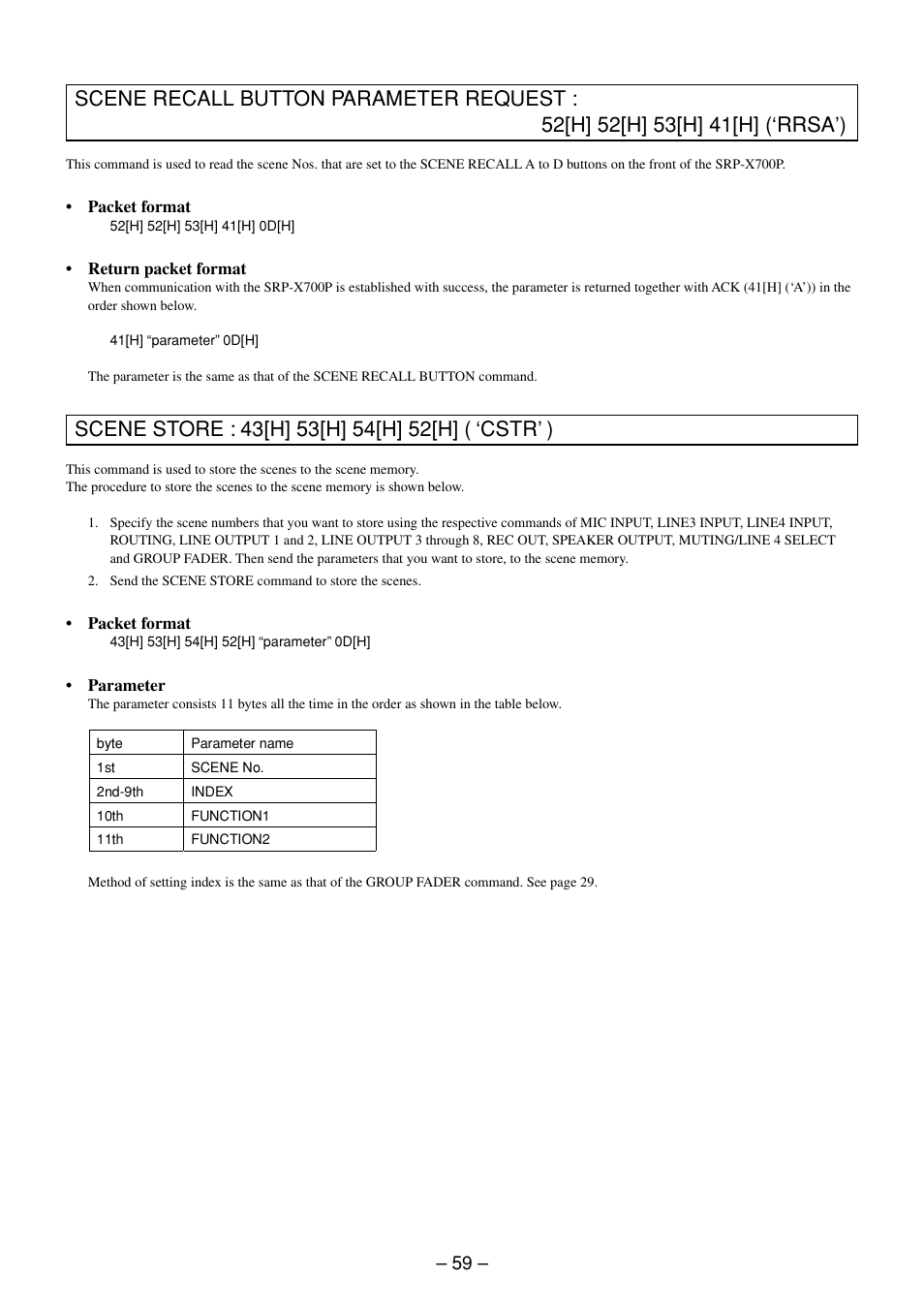 Scene recall button parameter request command, Scene store command | Sony RS-232C User Manual | Page 59 / 62