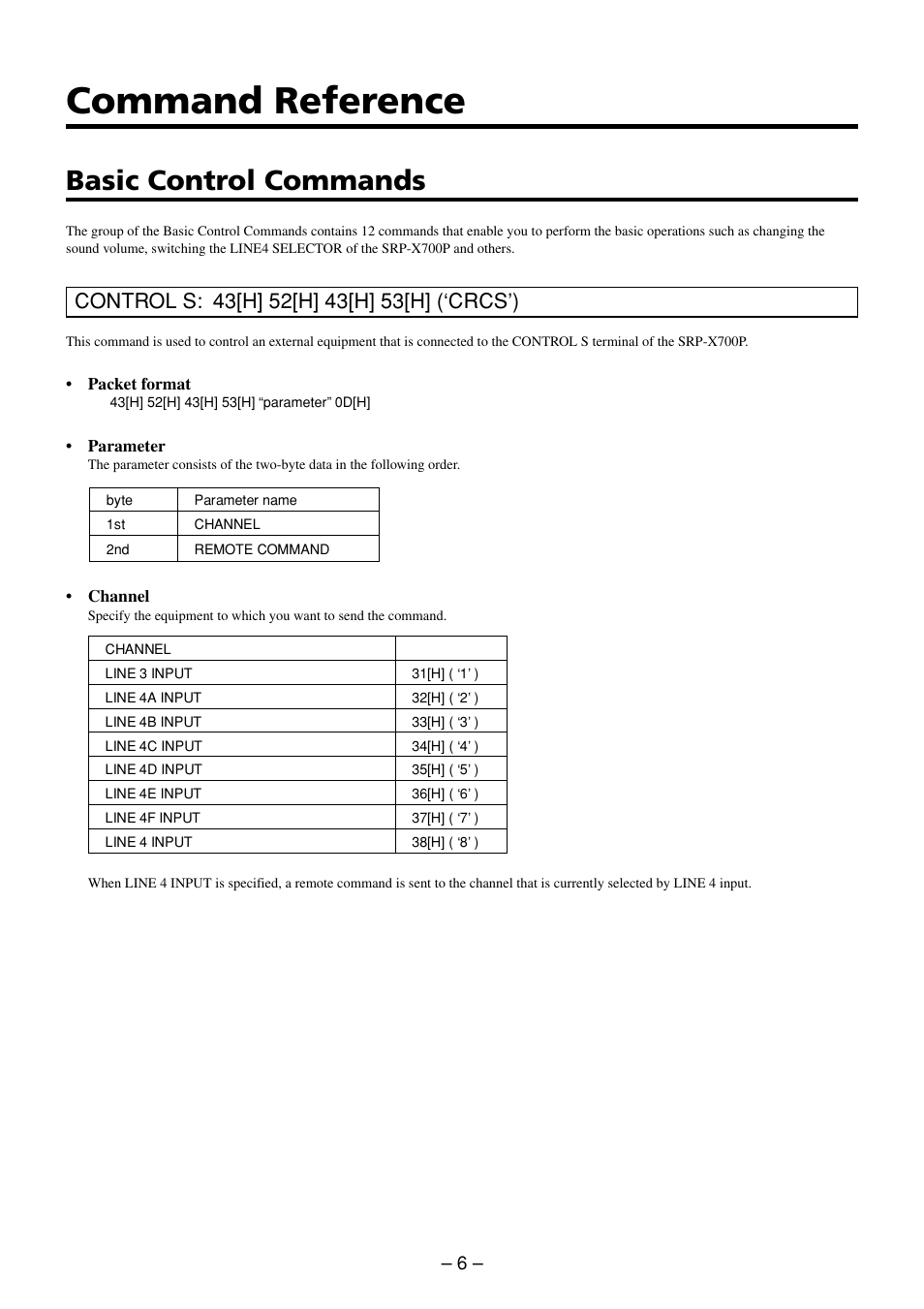 Command reference, Basic control commands, Control s command | Sony RS-232C User Manual | Page 6 / 62