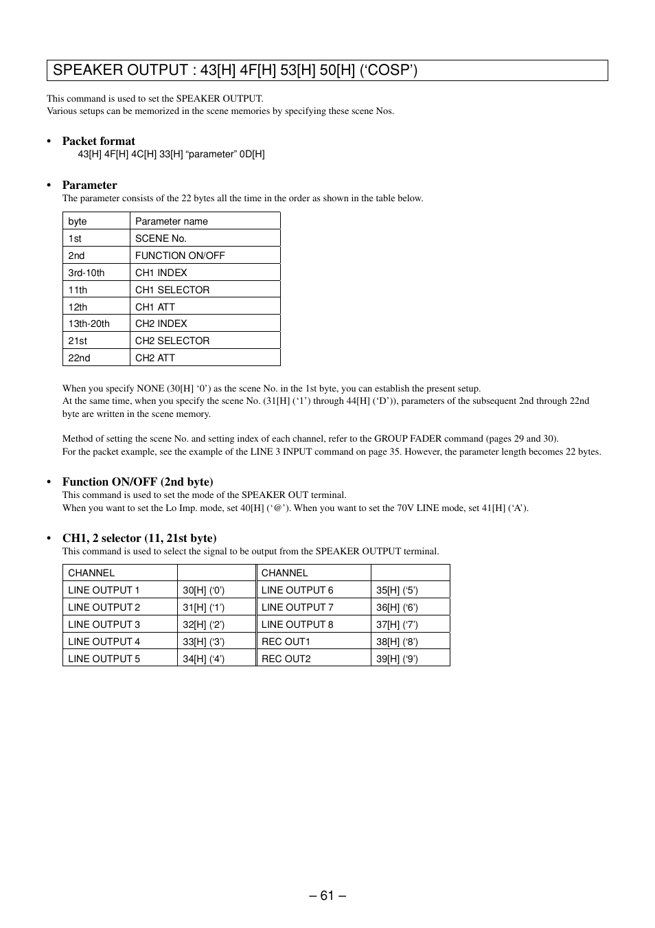 Speaker output command | Sony RS-232C User Manual | Page 61 / 62