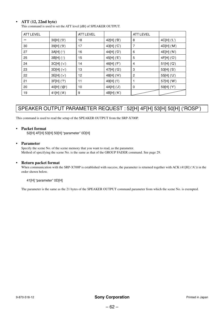 Speaker output parameter request command | Sony RS-232C User Manual | Page 62 / 62