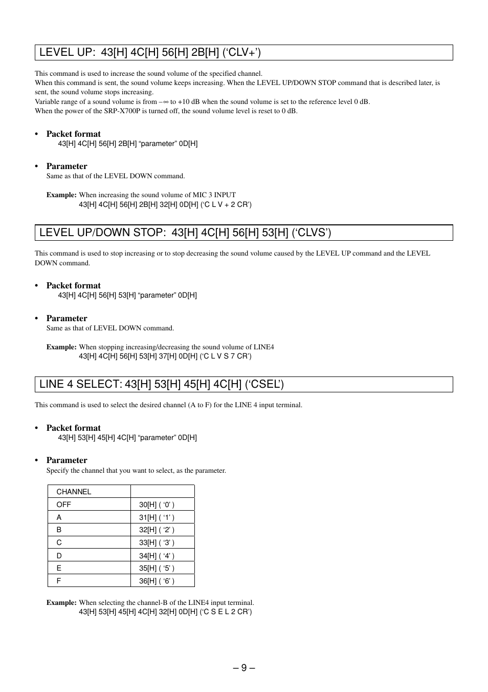 Level up command, Level up/down stop command, Line 4 select command | Sony RS-232C User Manual | Page 9 / 62