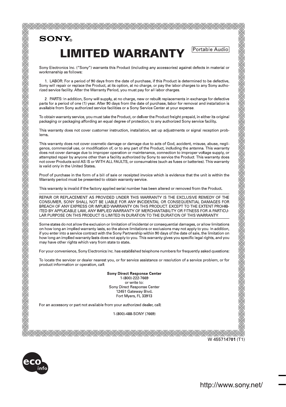 Sony corporation, This warranty is valid only in the united states | Sony D-EJ885 User Manual | Page 32 / 32