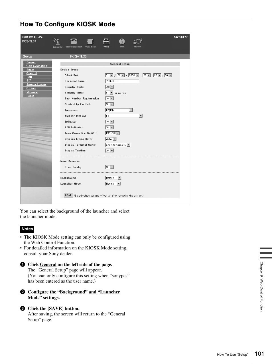 How to configure kiosk mode | Sony PCS-TL33 User Manual | Page 101 / 129