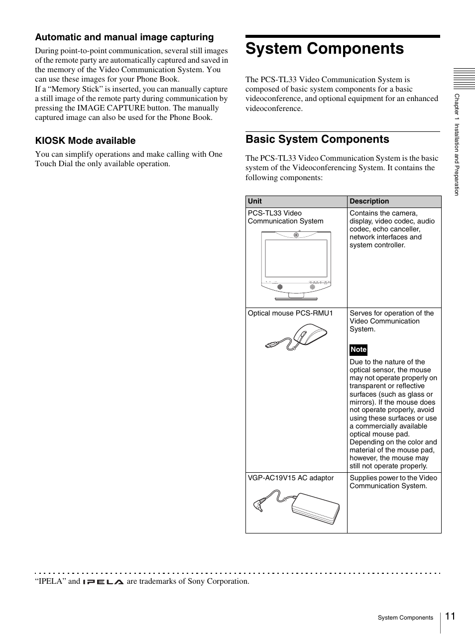 System components, Basic system components, Automatic and manual image capturing | Kiosk mode available | Sony PCS-TL33 User Manual | Page 11 / 129