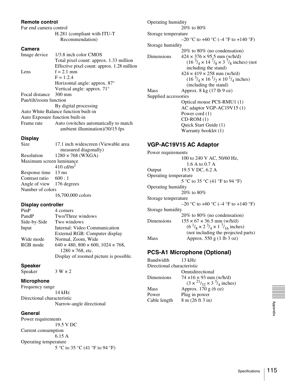 Vgp-ac19v15 ac adaptor, Pcs-a1 microphone (optional) | Sony PCS-TL33 User Manual | Page 115 / 129