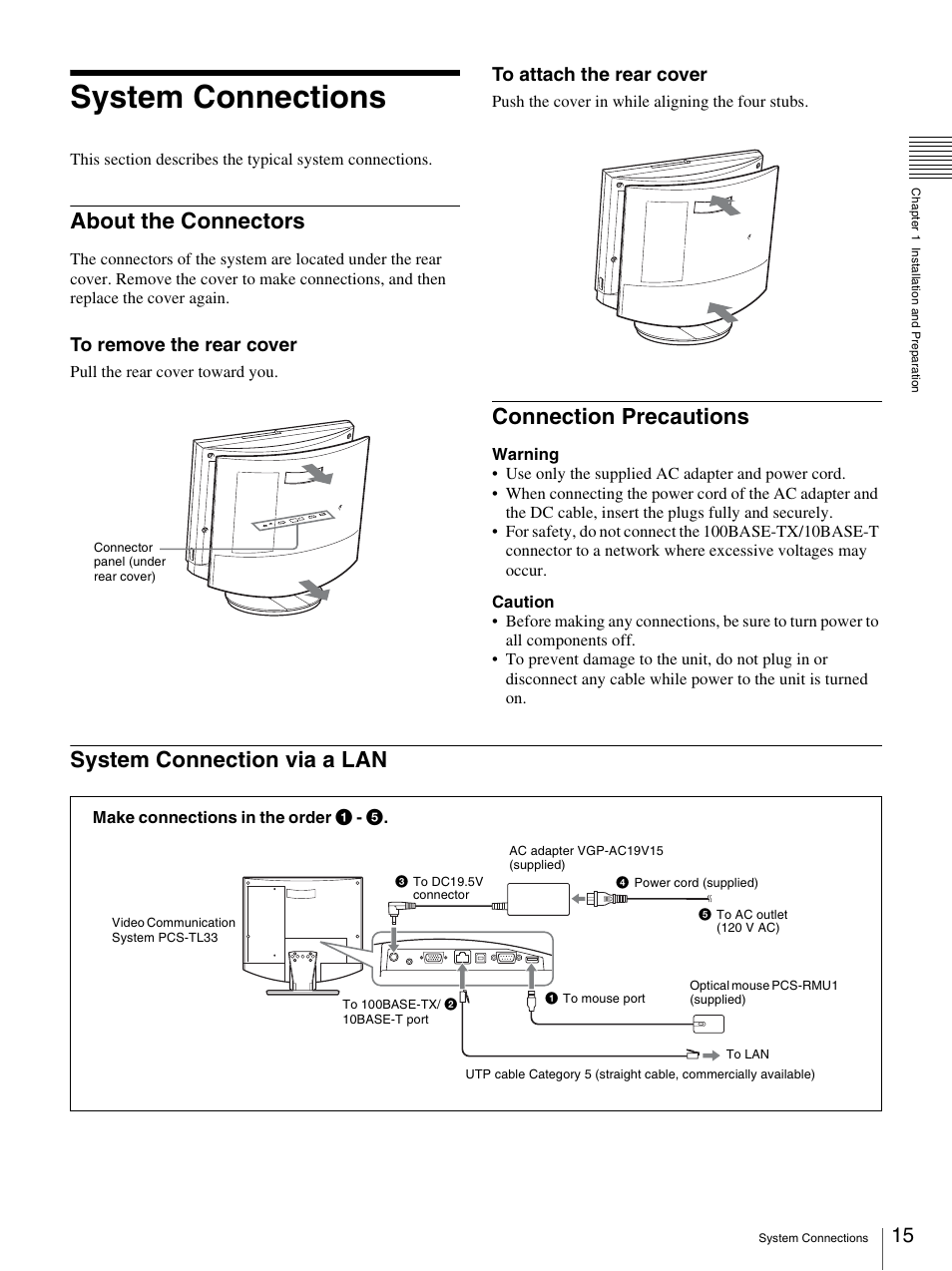 System connections, About the connectors, Connection precautions | System connection via a lan | Sony PCS-TL33 User Manual | Page 15 / 129