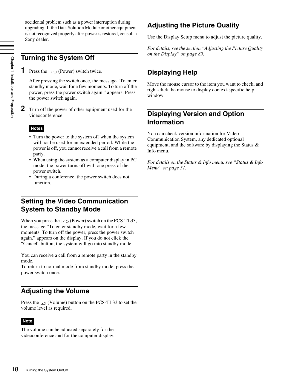 Turning the system off, Adjusting the volume, Adjusting the picture quality | Displaying help, Displaying version and option information | Sony PCS-TL33 User Manual | Page 18 / 129