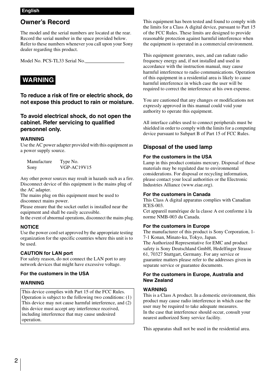 Owner’s record, Warning | Sony PCS-TL33 User Manual | Page 2 / 129