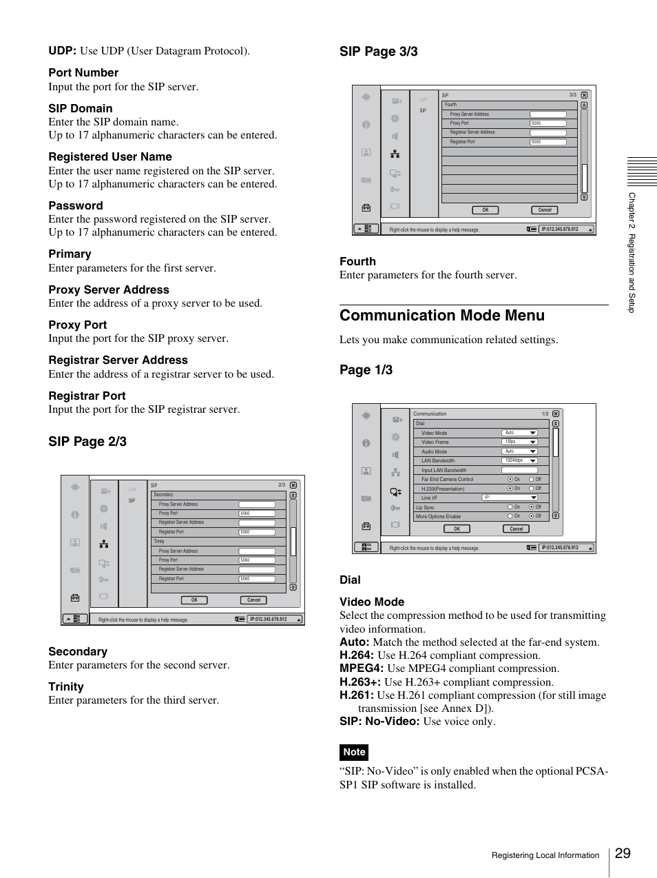 Communication mode menu, Sip page 2/3, Sip page 3/3 | Page 1/3, Fourth enter parameters for the fourth server, Lets you make communication related settings | Sony PCS-TL33 User Manual | Page 29 / 129