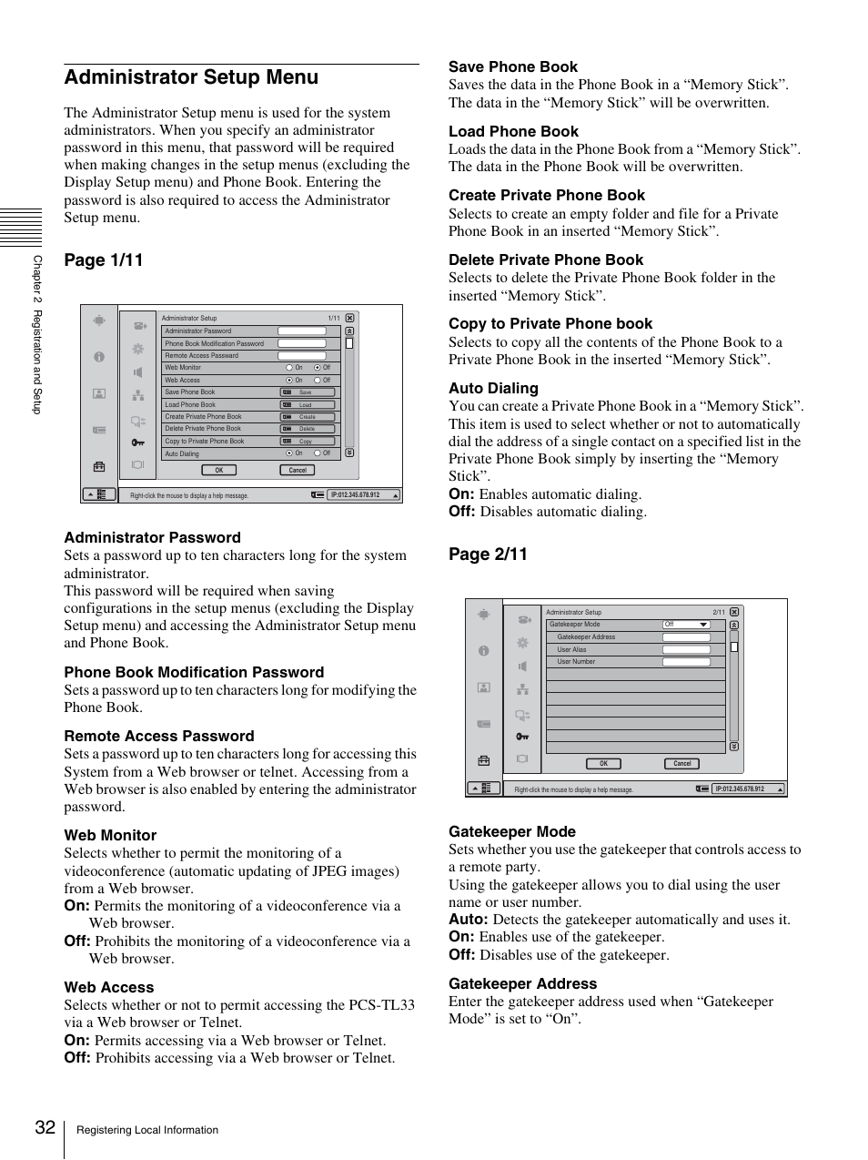 Administrator setup menu, Page 1/11, Page 2/11 | Sony PCS-TL33 User Manual | Page 32 / 129