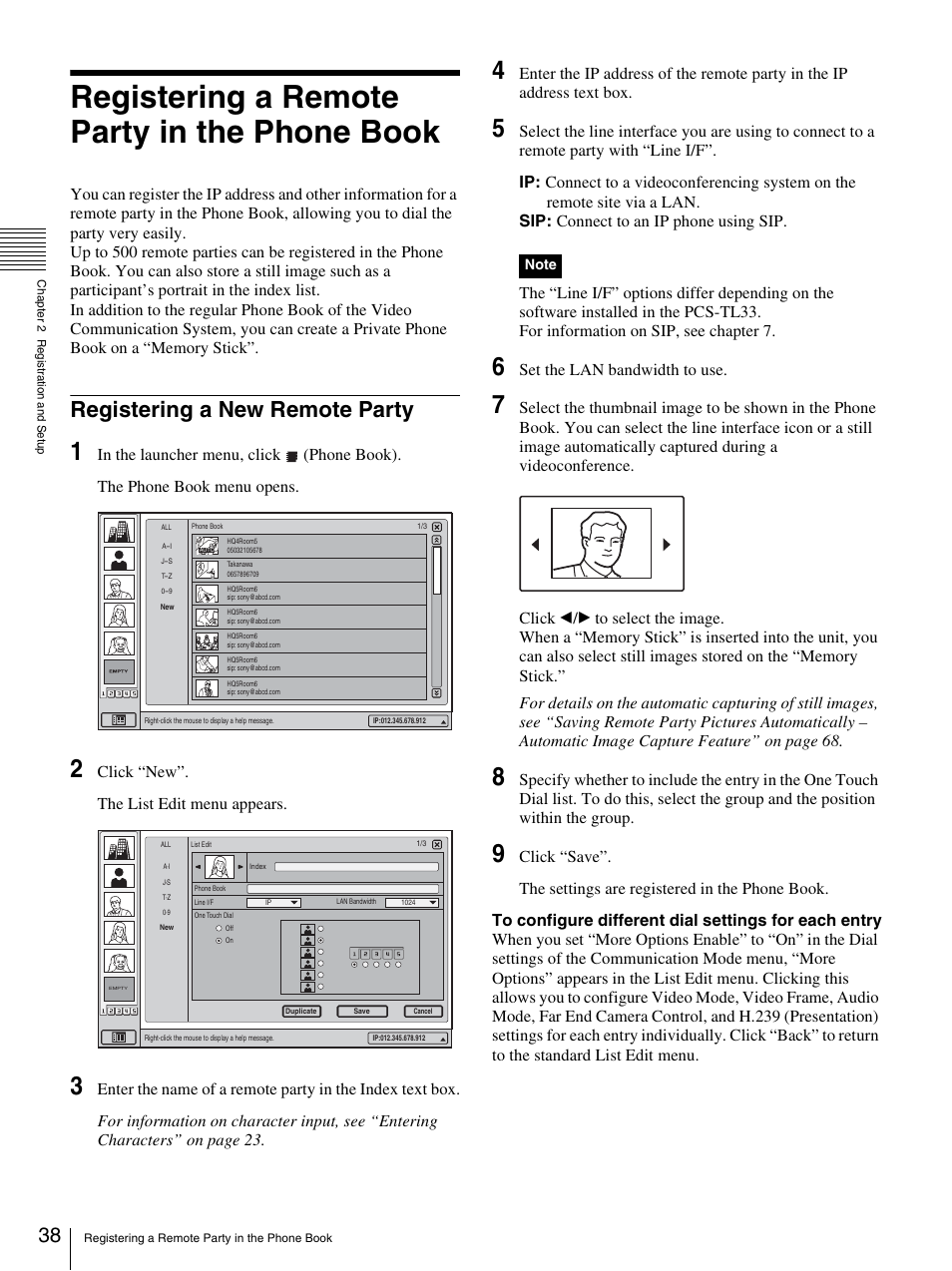 Registering a remote party in the phone book, Registering a new remote party, Click “new”. the list edit menu appears | Set the lan bandwidth to use | Sony PCS-TL33 User Manual | Page 38 / 129