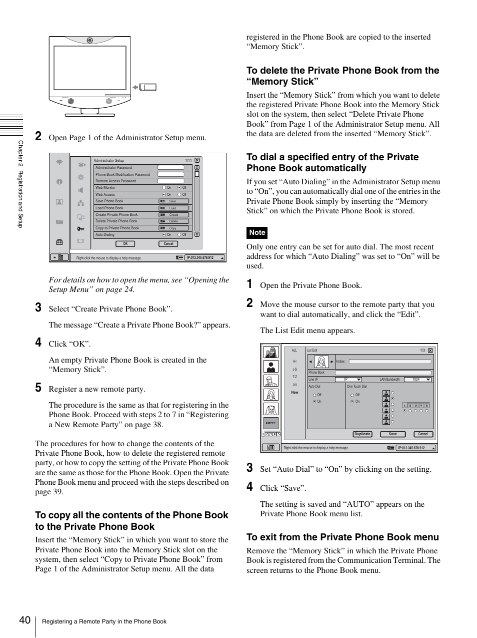 Open the private phone book, Set “auto dial” to “on” by clicking on the setting | Sony PCS-TL33 User Manual | Page 40 / 129