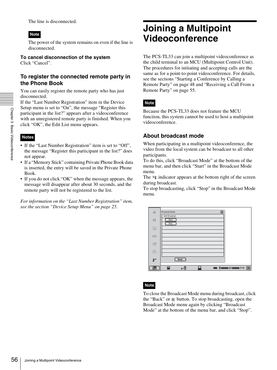 Joining a multipoint videoconference, About broadcast mode | Sony PCS-TL33 User Manual | Page 56 / 129