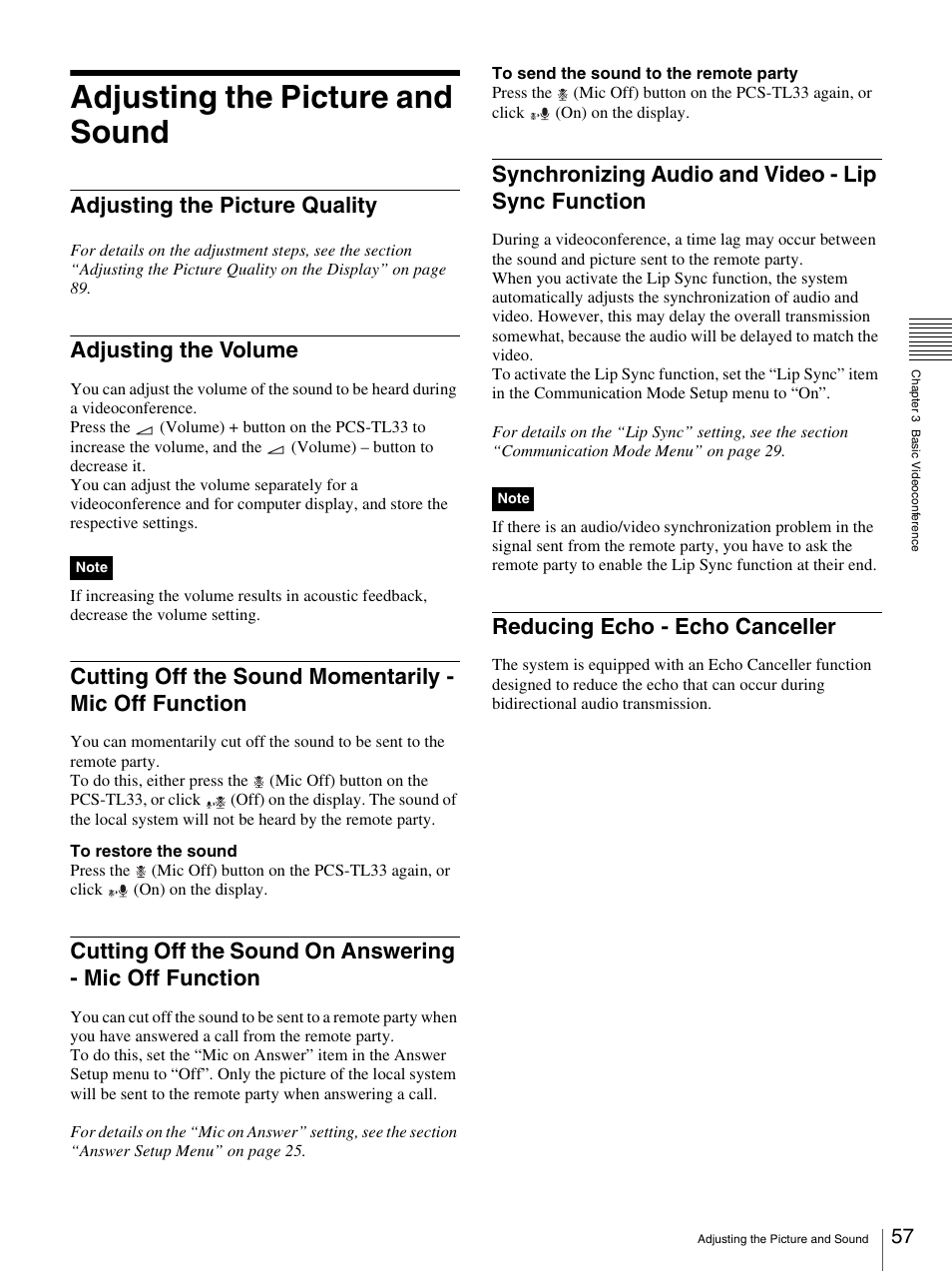 Adjusting the picture and sound, Adjusting the picture quality, Adjusting the volume | Synchronizing audio and video - lip sync function, Reducing echo - echo canceller | Sony PCS-TL33 User Manual | Page 57 / 129