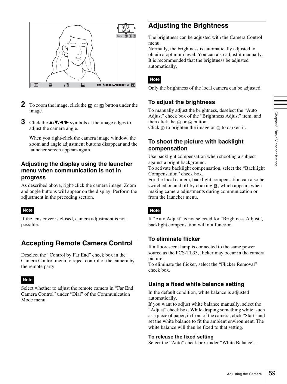 Accepting remote camera control, Adjusting the brightness, Using a fixed white balance setting | Sony PCS-TL33 User Manual | Page 59 / 129