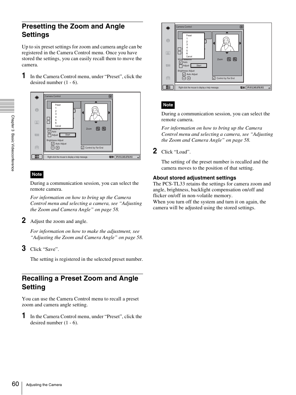 Presetting the zoom and angle settings, Recalling a preset zoom and angle setting | Sony PCS-TL33 User Manual | Page 60 / 129