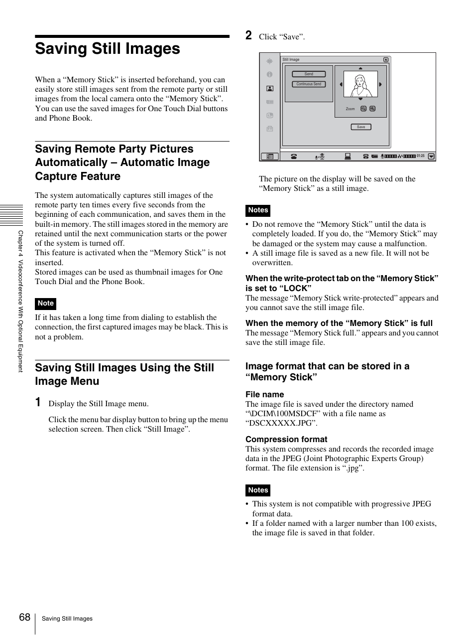 Saving still images, Saving still images using the still image menu, Capture feature | Sony PCS-TL33 User Manual | Page 68 / 129