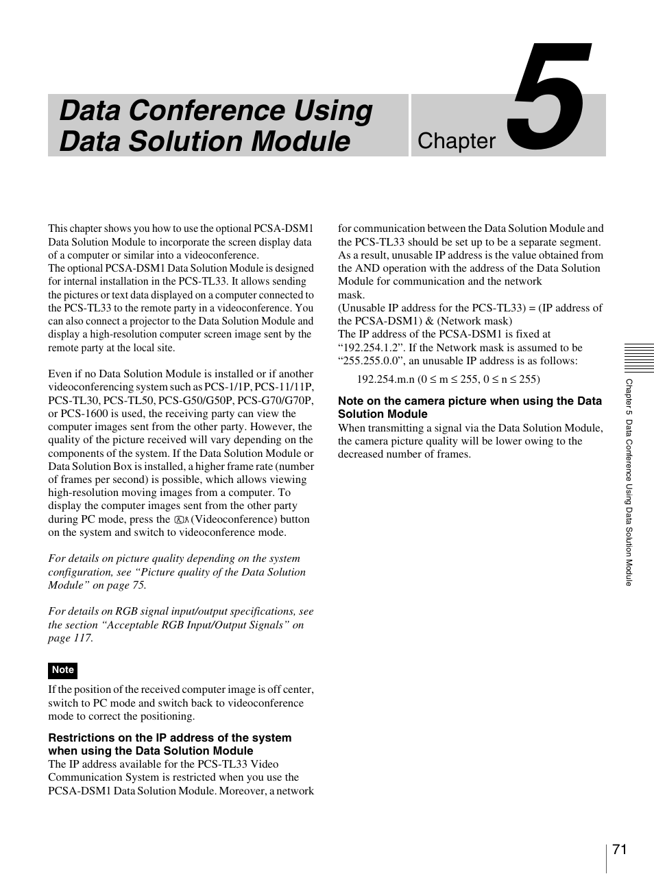 Data conference using data solution module, Chapter | Sony PCS-TL33 User Manual | Page 71 / 129