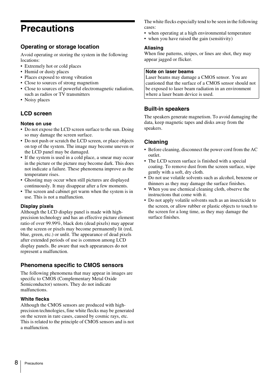 Precautions | Sony PCS-TL33 User Manual | Page 8 / 129