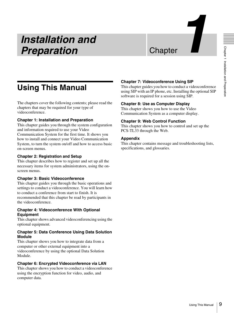 Chapter 1 installation and preparation, Using this manual, Installation and preparation | Chapter | Sony PCS-TL33 User Manual | Page 9 / 129