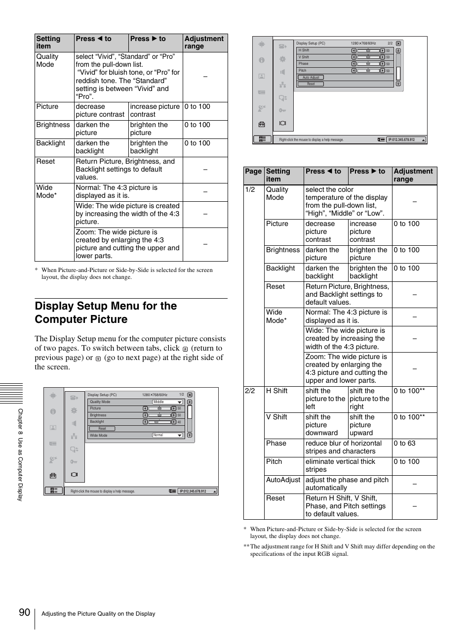 Display setup menu for the computer picture | Sony PCS-TL33 User Manual | Page 90 / 129