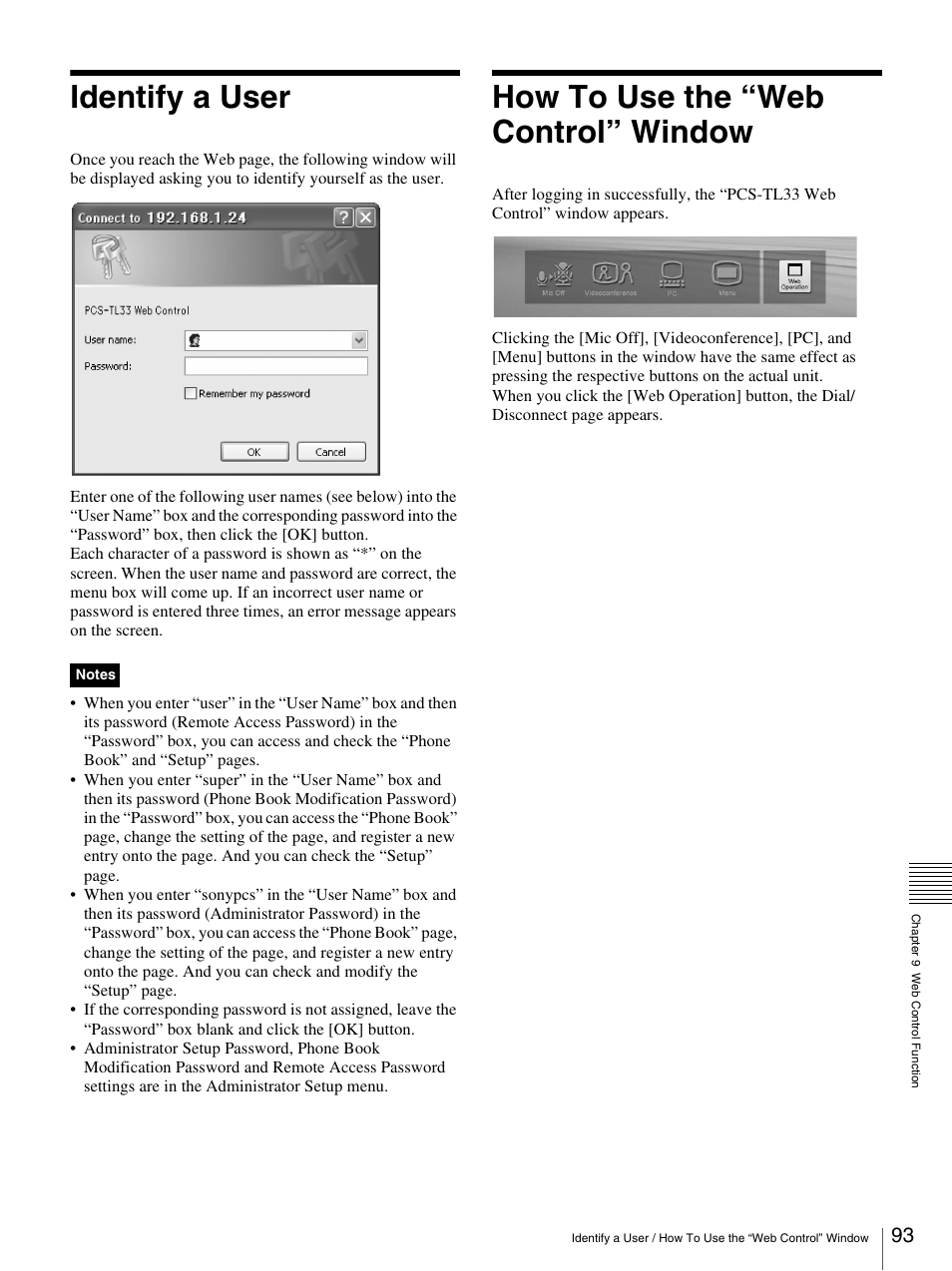 Identify a user, How to use the “web control” window | Sony PCS-TL33 User Manual | Page 93 / 129