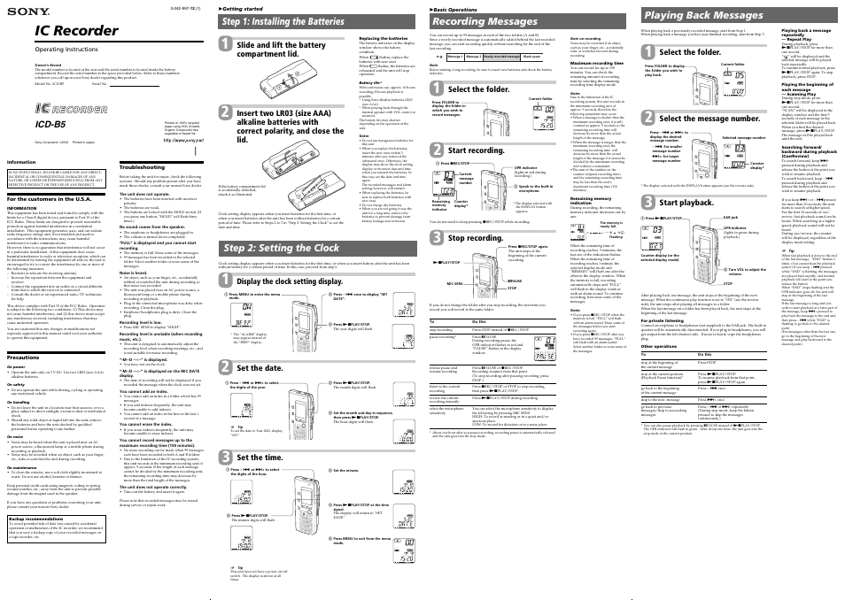 Sony ICD-B5 User Manual | 2 pages