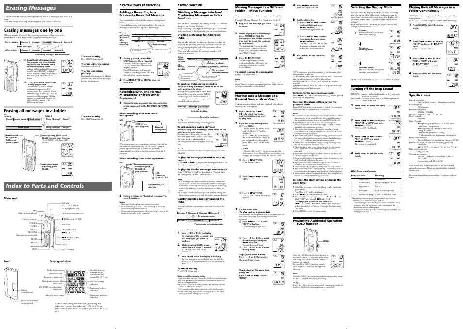 Erasing messages, Index to parts and controls, Erasing messages one by one | Erasing all messages in a folder | Sony ICD-B5 User Manual | Page 2 / 2