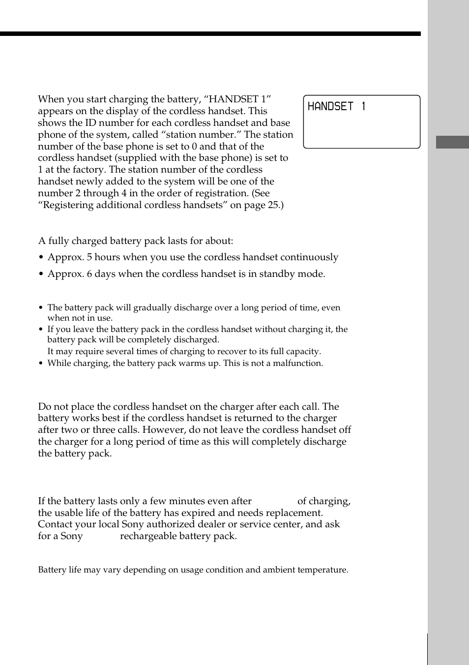 Getting started, Handset 1, About the station number | Battery duration, When to purchase a new battery pack | Sony SPP-S2730 User Manual | Page 15 / 84