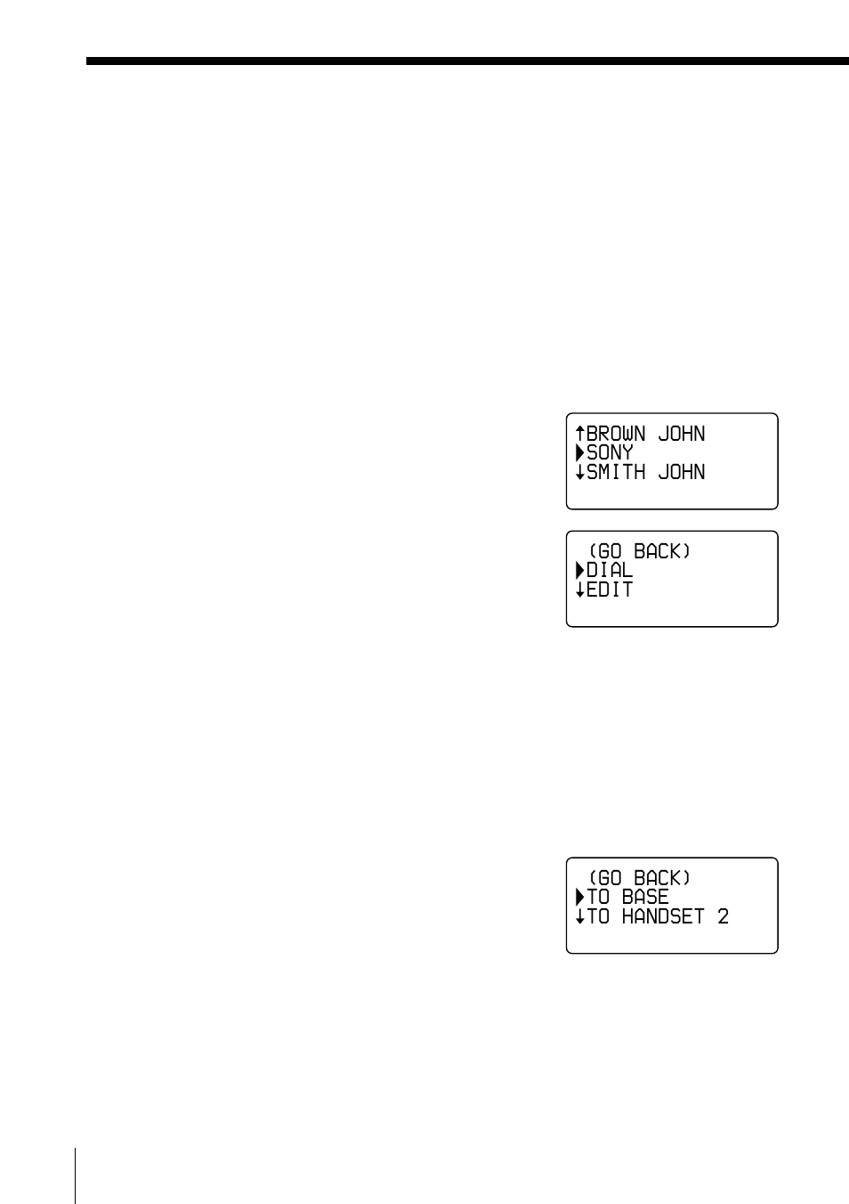 Transferring the phone directory memory, Brown john sony smith john, Go back) dial edit | Go back) to base to handset 2 | Sony SPP-S2730 User Manual | Page 50 / 84