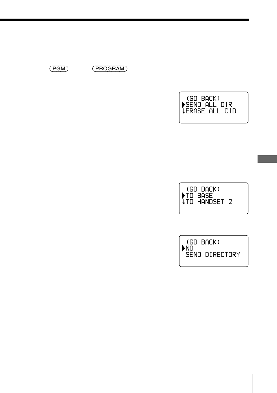 Go back) send all dir erase all cid, Go back) no send directory, Go back) to base to handset 2 | Sony SPP-S2730 User Manual | Page 51 / 84