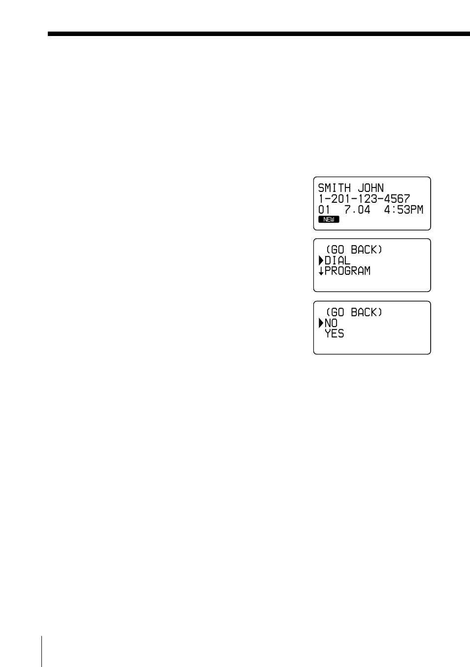 Erasing data from the caller id list, Go back) dial program, Go back) no yes | Sony SPP-S2730 User Manual | Page 62 / 84