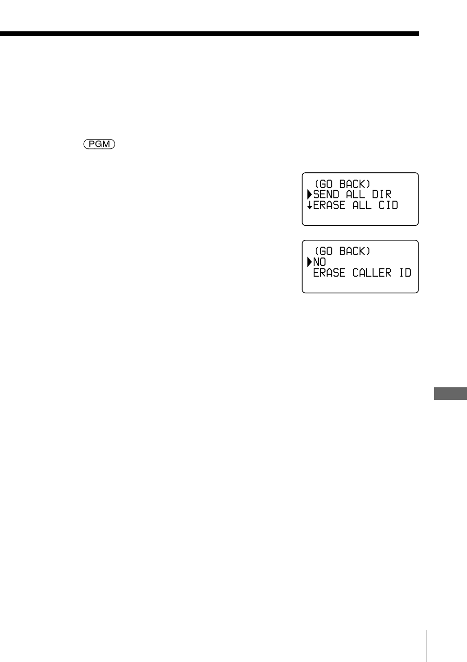 Go back) send all dir erase all cid, Go back) no erase caller id | Sony SPP-S2730 User Manual | Page 63 / 84