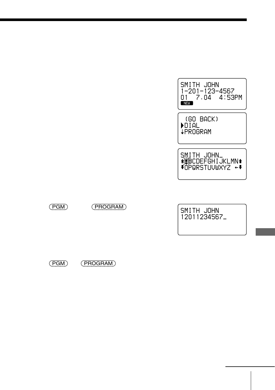 Go back) dial program, Smith john_ a bcdefghijklmn opqrstuvwxyz | Sony SPP-S2730 User Manual | Page 65 / 84