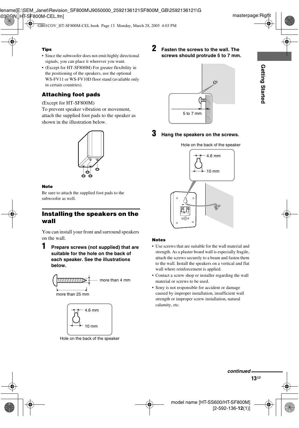 Installing the speakers on the wall | Sony HT-SF800M EN User Manual | Page 13 / 44
