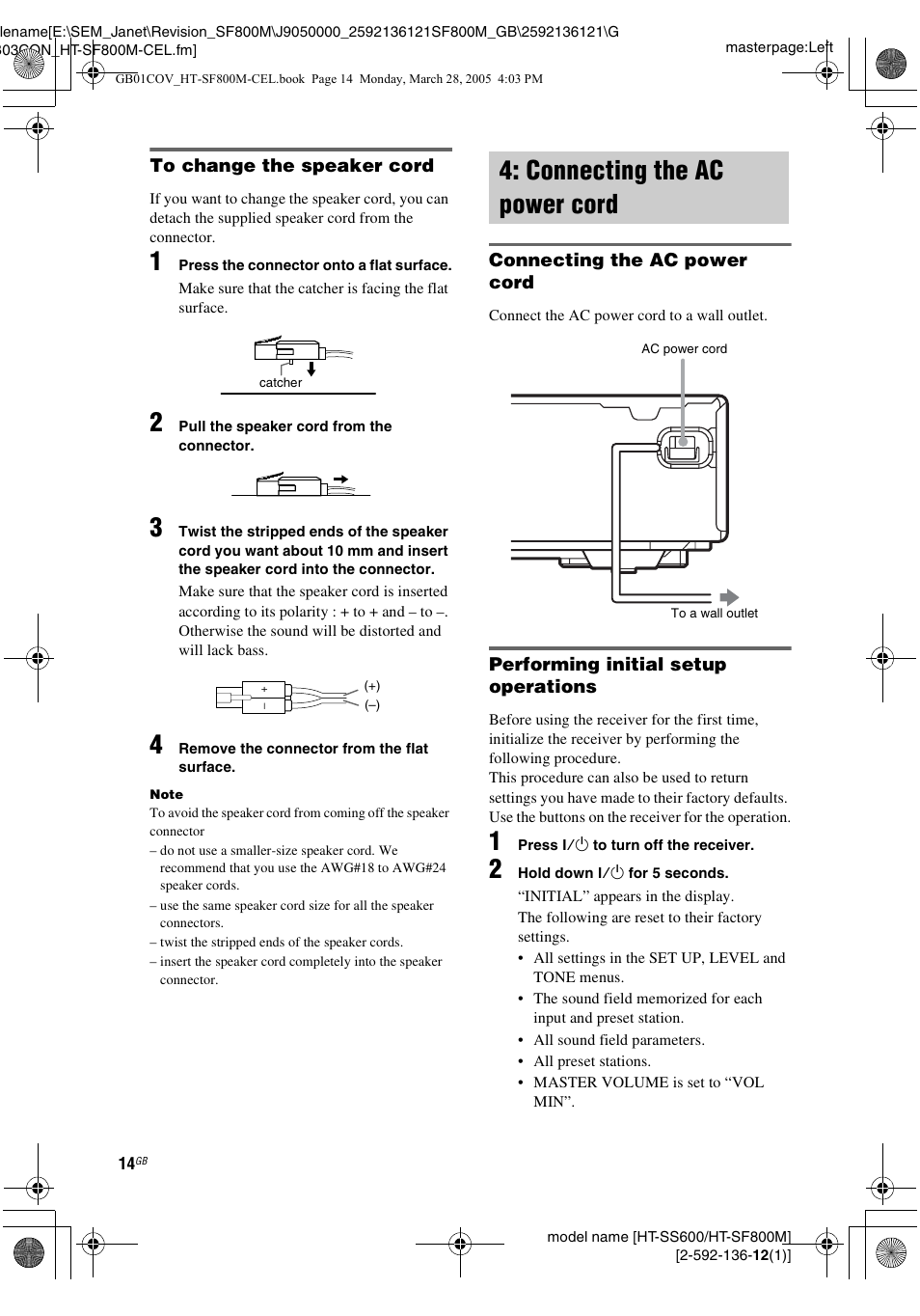 Connecting the ac power cord | Sony HT-SF800M EN User Manual | Page 14 / 44