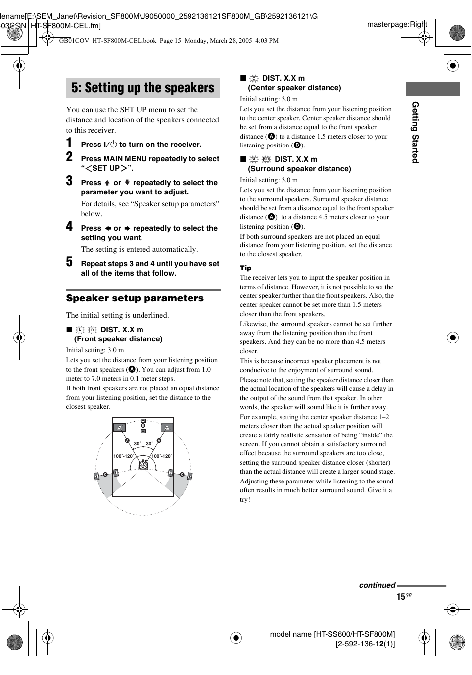 Setting up the speakers, Speaker setup parameters | Sony HT-SF800M EN User Manual | Page 15 / 44