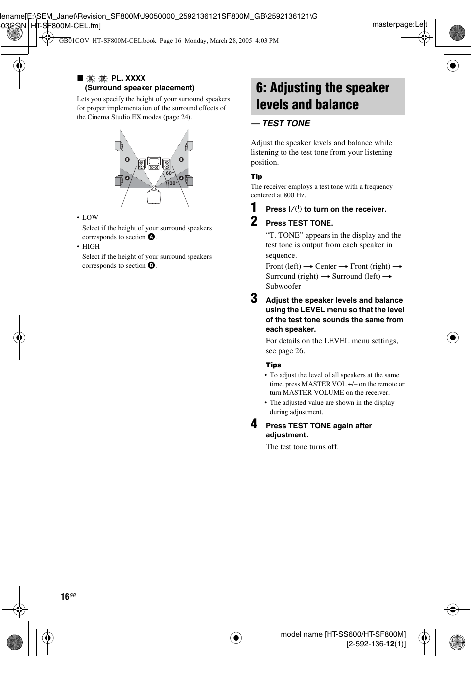 Adjusting the speaker levels and balance, Test tone, Adjusting the speaker levels and | Balance — test tone | Sony HT-SF800M EN User Manual | Page 16 / 44