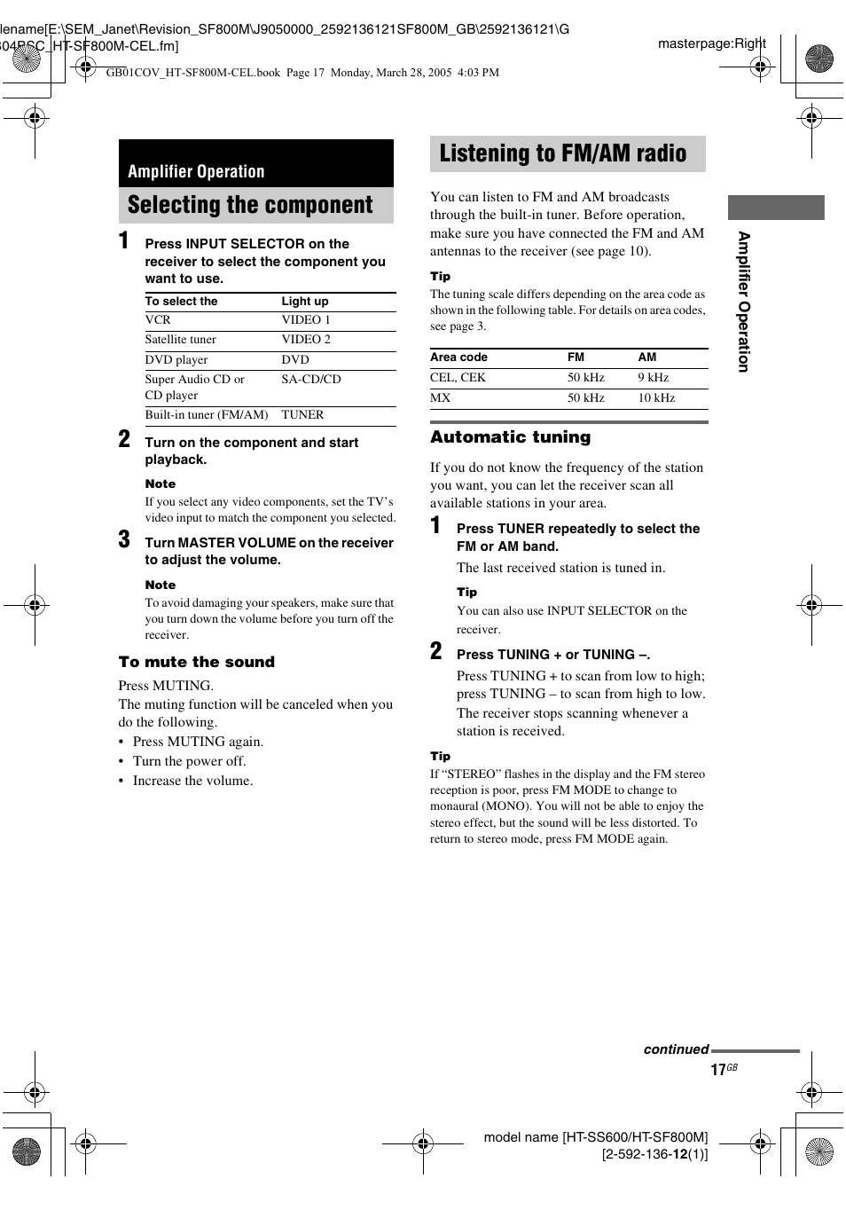 Amplifier operation, Selecting the component, Listening to fm/am radio | Selecting the component listening to fm/am radio | Sony HT-SF800M EN User Manual | Page 17 / 44