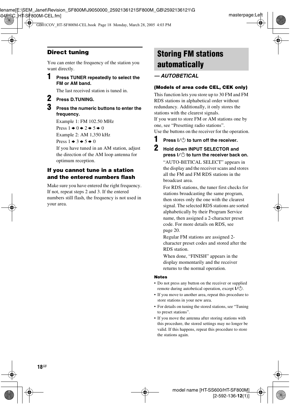 Storing fm stations automatically, Autobetical, Autobetical (models of area code cel, cek only) | Sony HT-SF800M EN User Manual | Page 18 / 44