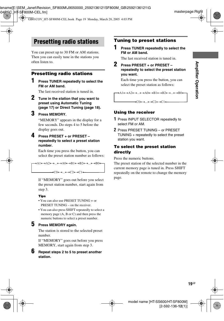 Presetting radio stations, See “presetting radio stations, See “tuning | To preset stations | Sony HT-SF800M EN User Manual | Page 19 / 44