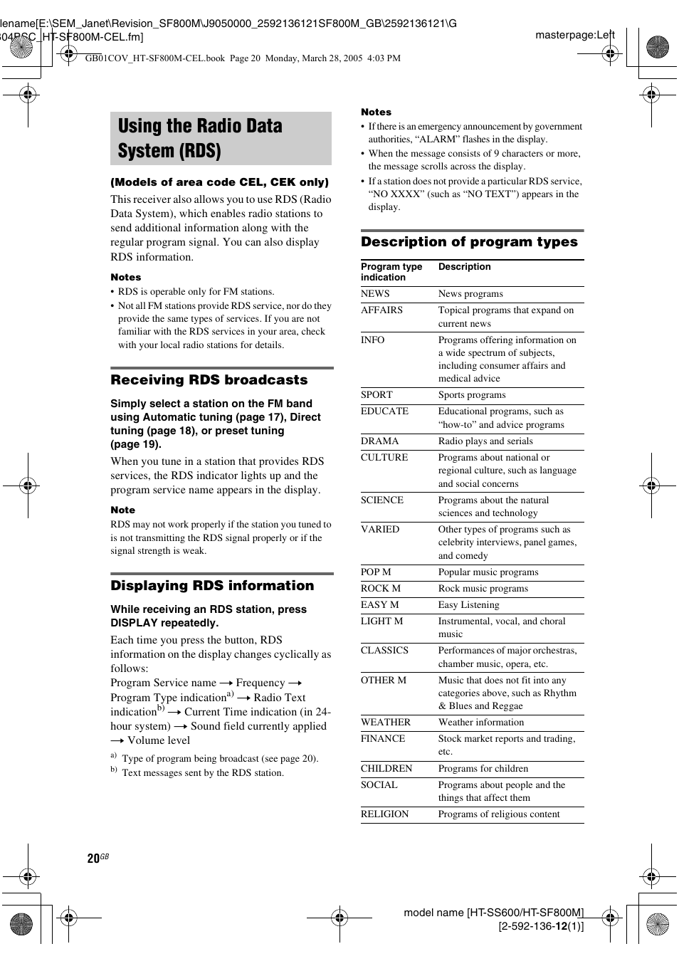 Using the radio data system (rds), Using the radio data system, Rds) (models of area code cel, cek only) | Receiving rds broadcasts, Displaying rds information, Description of program types | Sony HT-SF800M EN User Manual | Page 20 / 44
