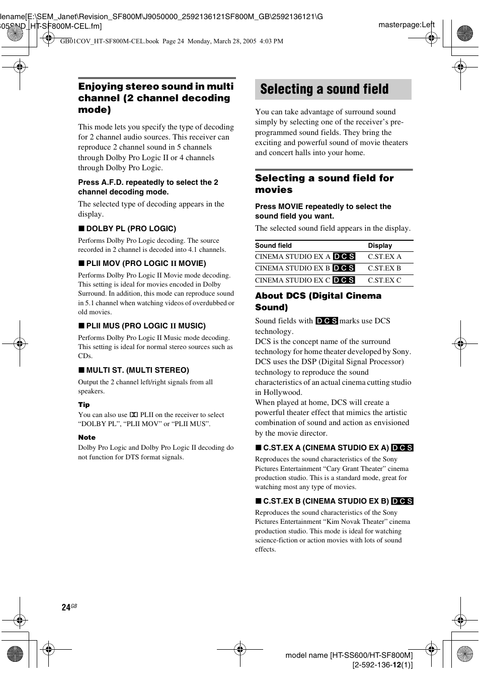 Selecting a sound field, Selecting a sound field for movies | Sony HT-SF800M EN User Manual | Page 24 / 44