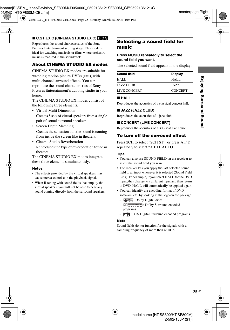 Selecting a sound field for music | Sony HT-SF800M EN User Manual | Page 25 / 44