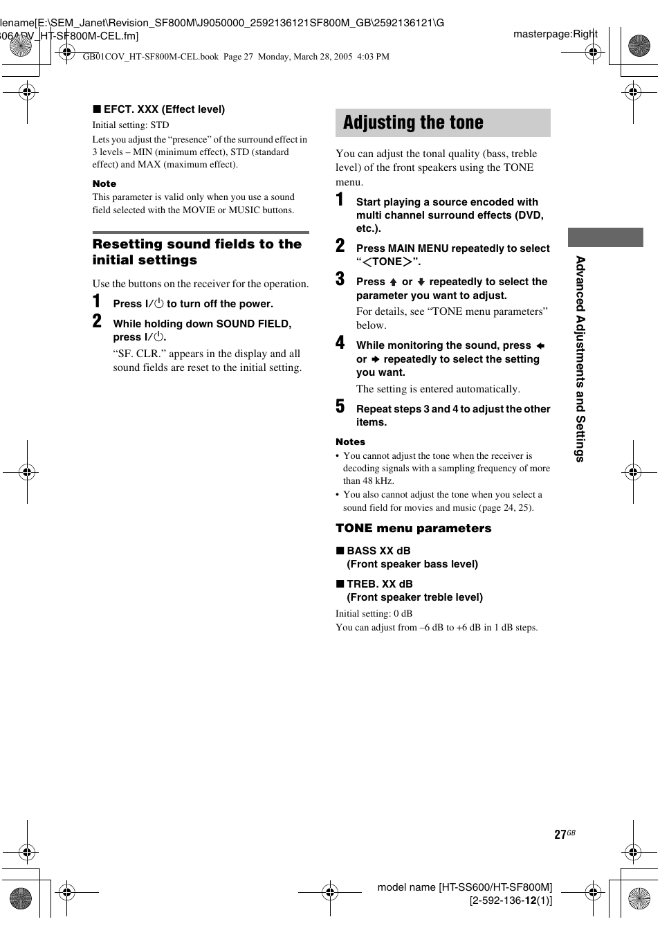 Adjusting the tone | Sony HT-SF800M EN User Manual | Page 27 / 44