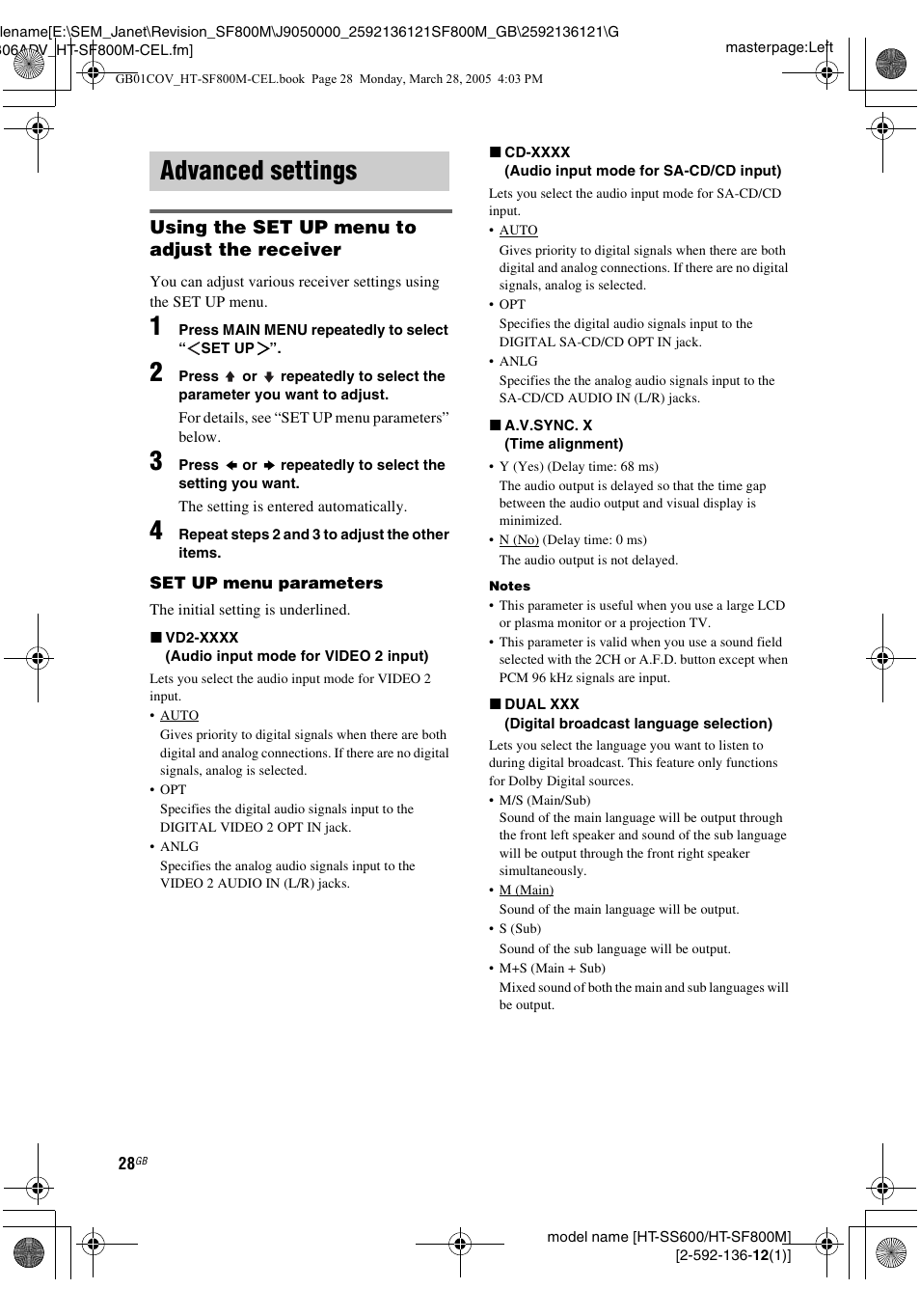 Advanced settings, Using the set up menu to adjust the receiver | Sony HT-SF800M EN User Manual | Page 28 / 44