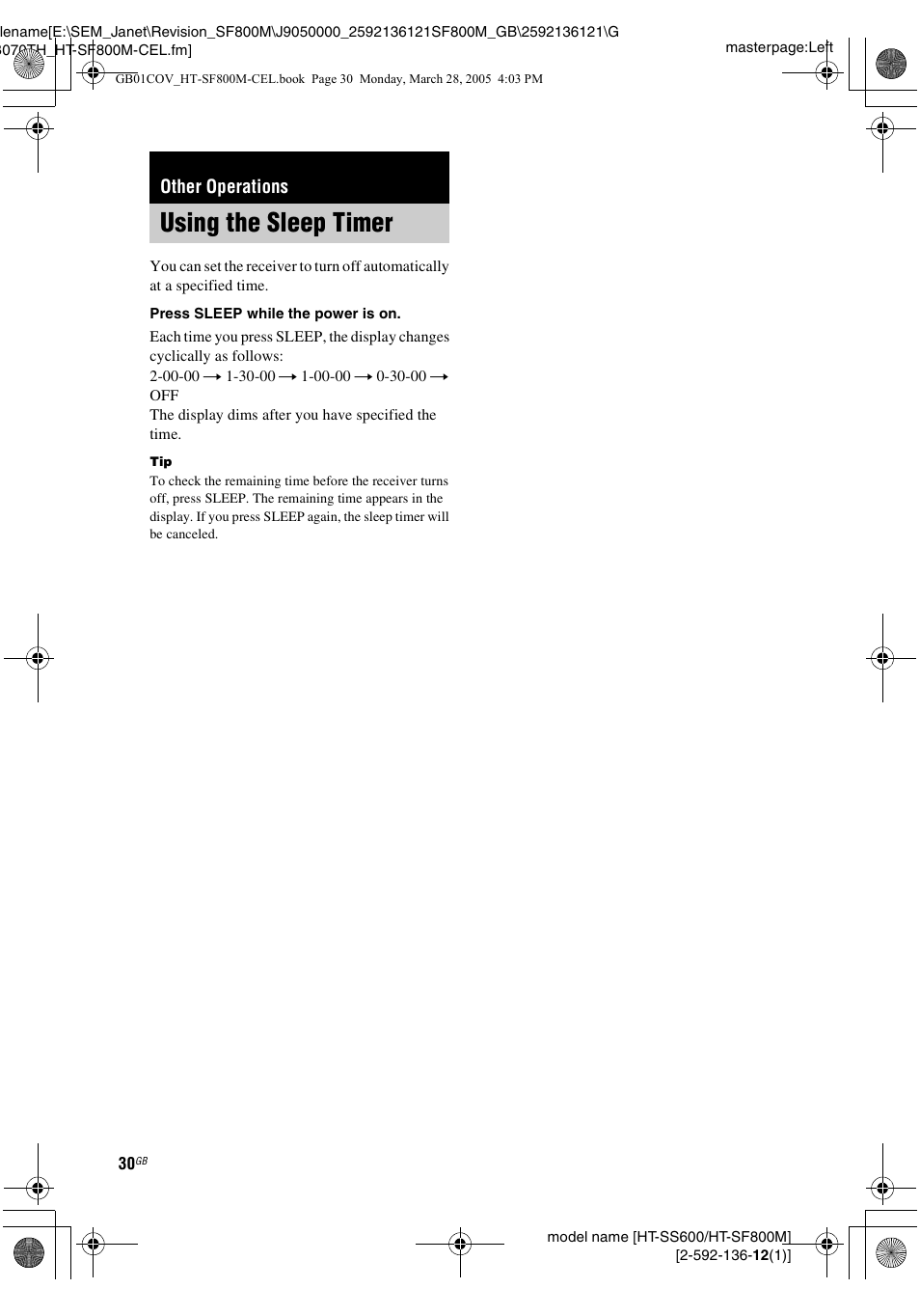 Other operations, Using the sleep timer | Sony HT-SF800M EN User Manual | Page 30 / 44