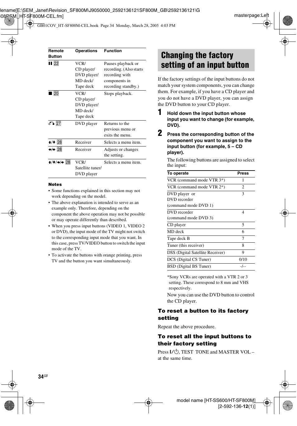 Changing the factory setting of an input button, Changing the factory setting of an, Input button | Sony HT-SF800M EN User Manual | Page 34 / 44