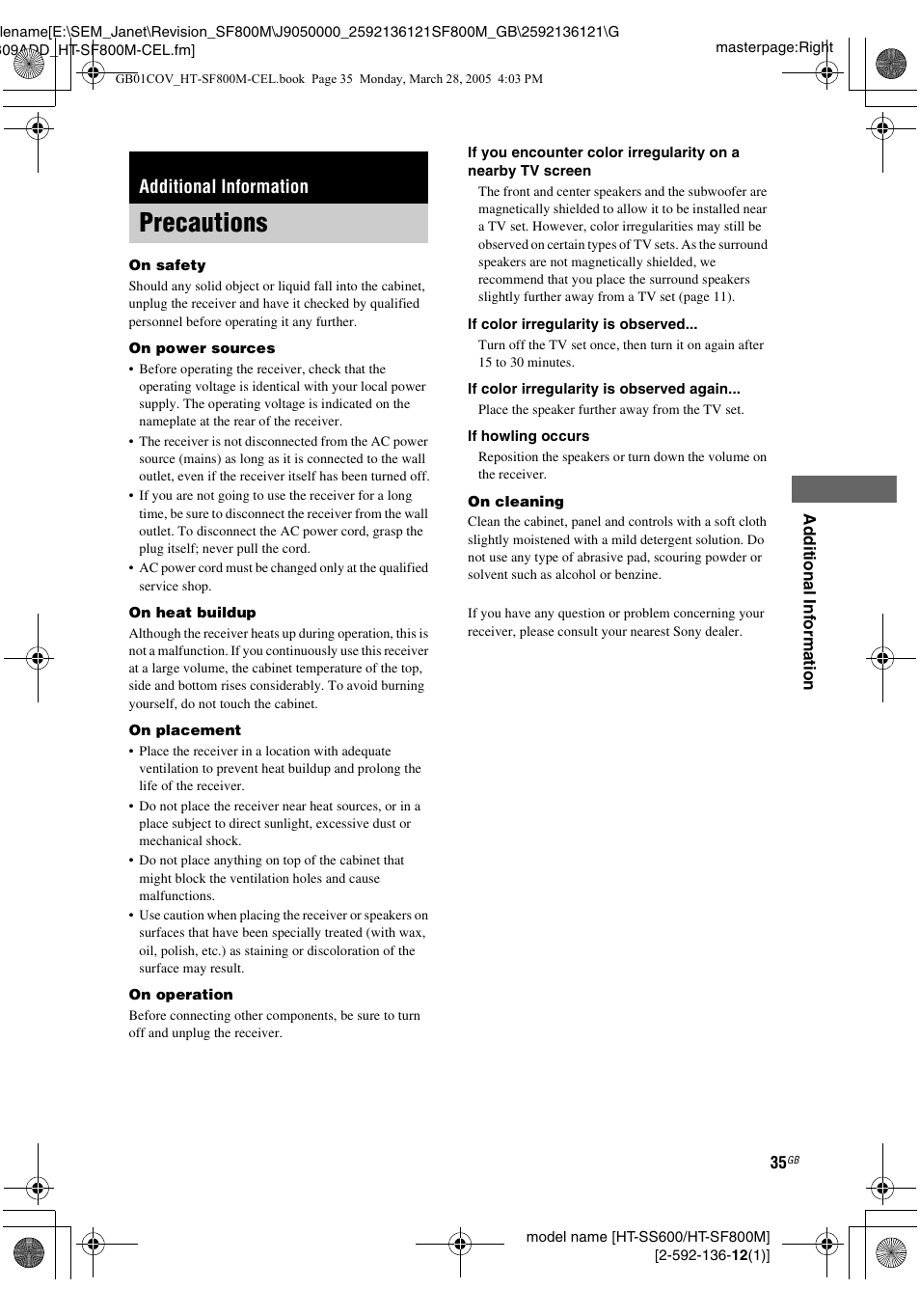 Additional information, Precautions | Sony HT-SF800M EN User Manual | Page 35 / 44