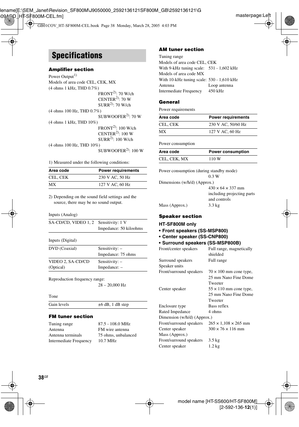 Specifications | Sony HT-SF800M EN User Manual | Page 38 / 44